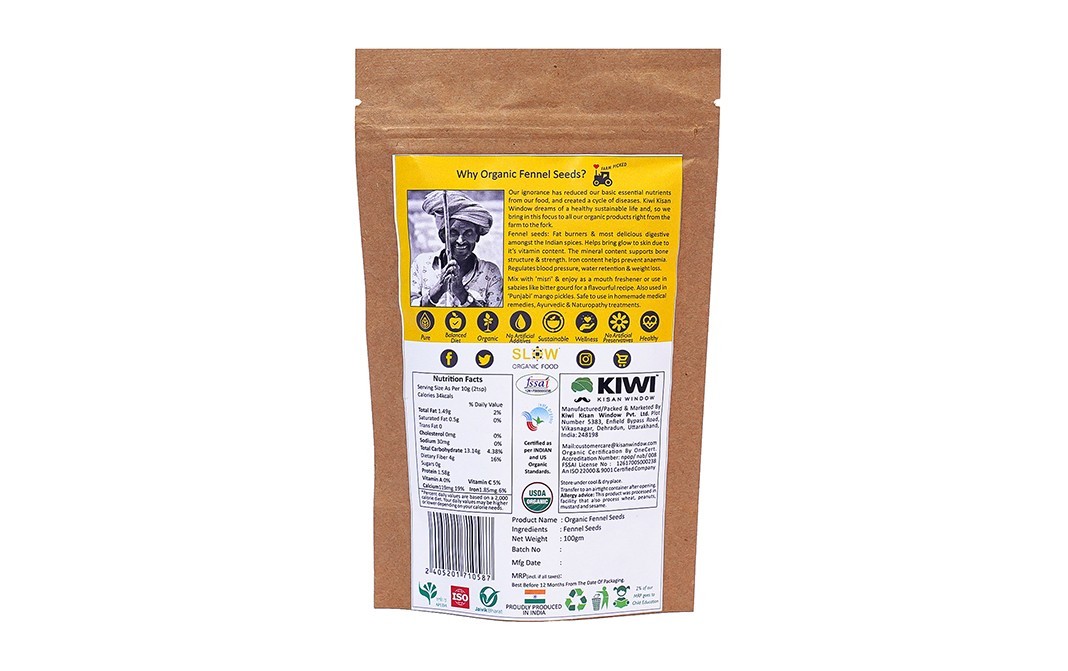 Kiwi Kisan Window Organic Fennel Seed    Pack  100 grams